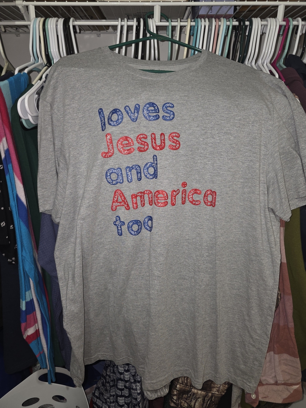 Fruit of the Loom Gray T-Shirt with Red and Blue Text